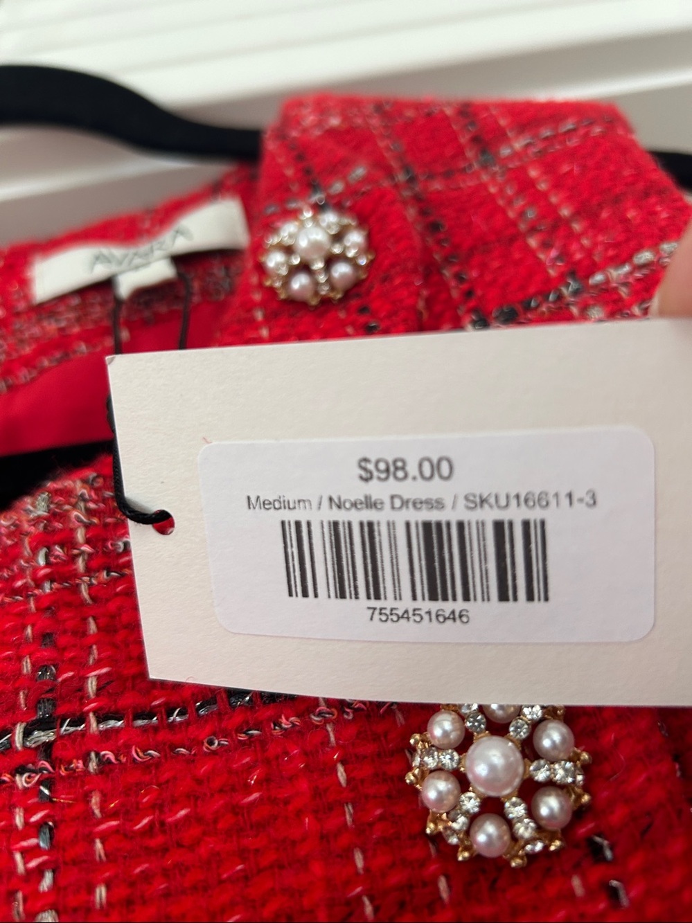 NWT Avara Noelle Red Tweed Pearl Button Mini Dress Size Medium MSRP $98 - Picture 2 of 10